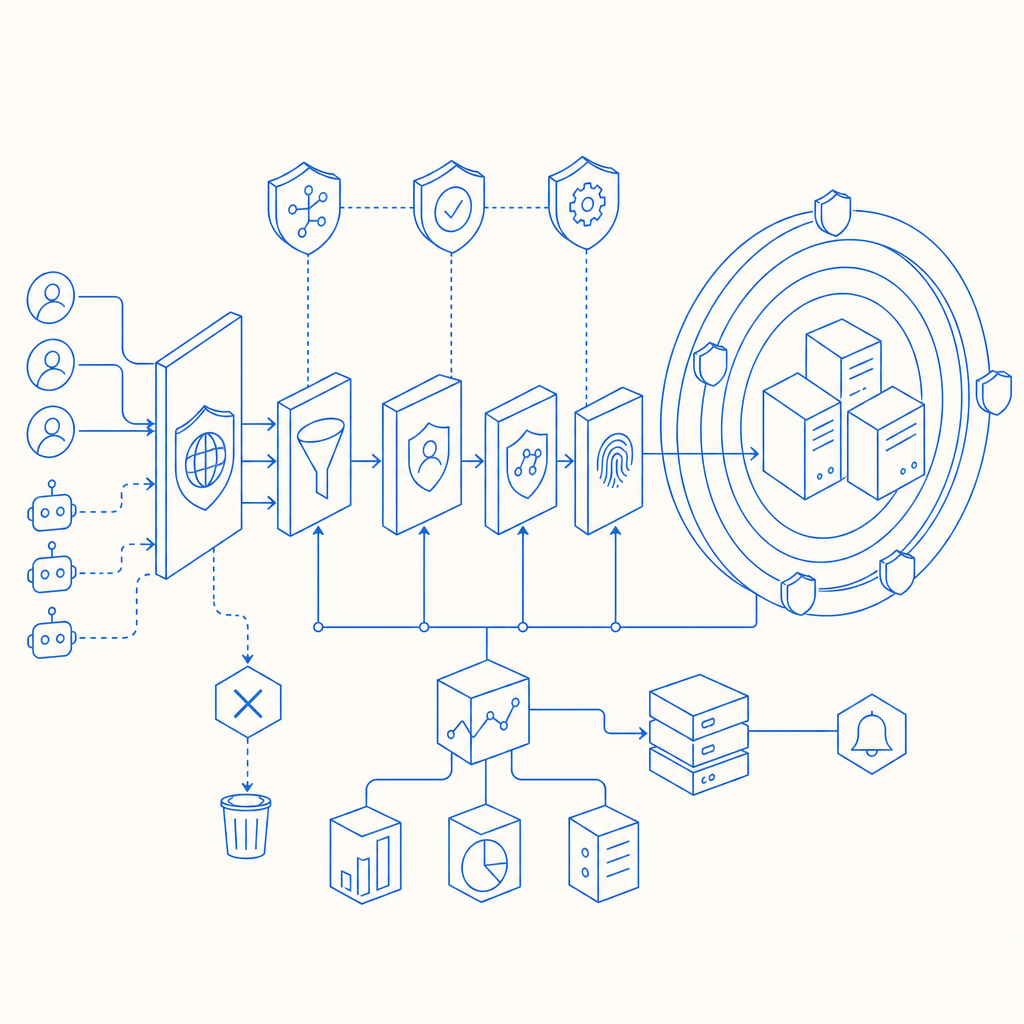 flowchart illustrating bot detection and layered defense mechanisms