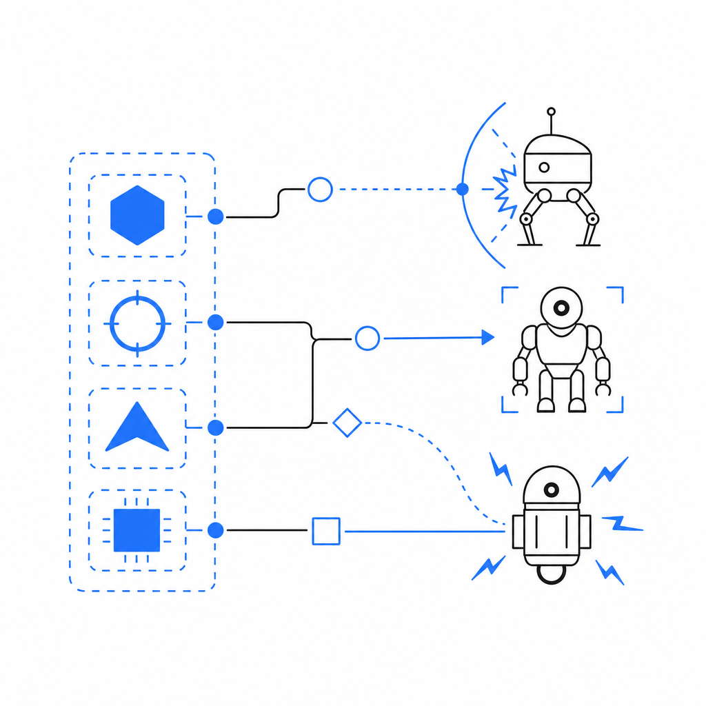 abstract visualization of loadout components interacting against bots
