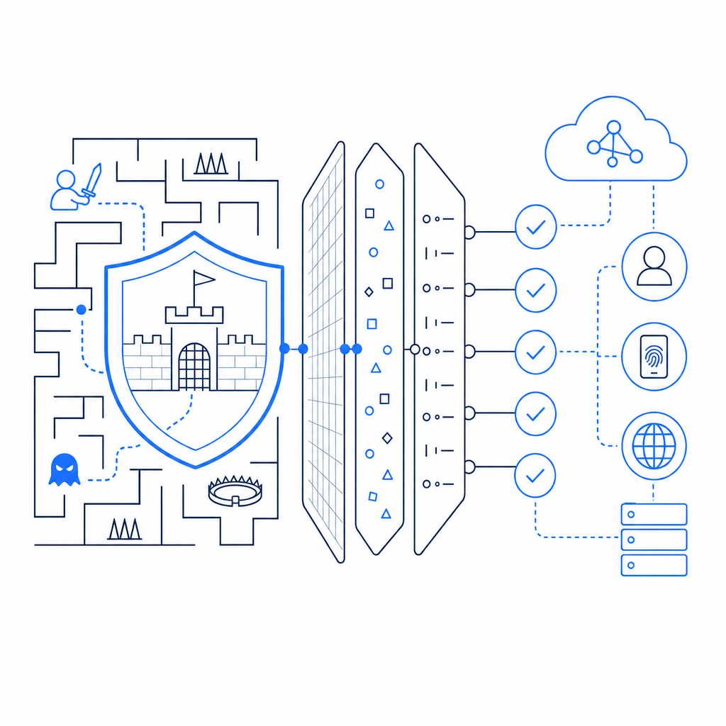schematic of layered bot defense combining in-game tactics and SaaS verification