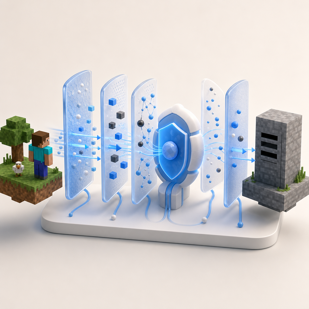conceptual flow of layered bot defense system interacting with Minecraft client 