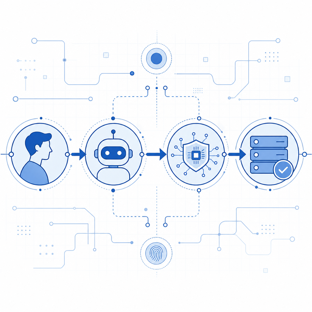 abstract flow of human request, bot signals, verification token, and server deci