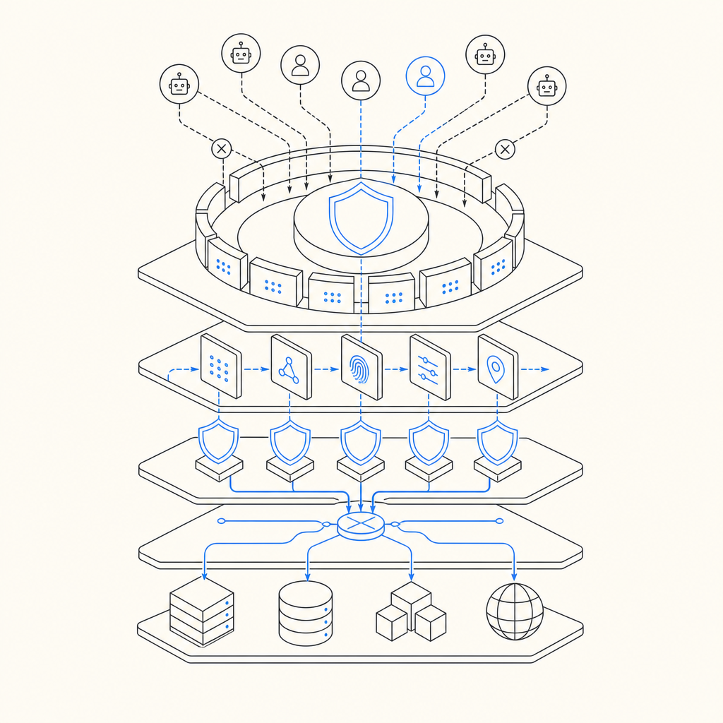 abstract diagram of layered bot defense strategies