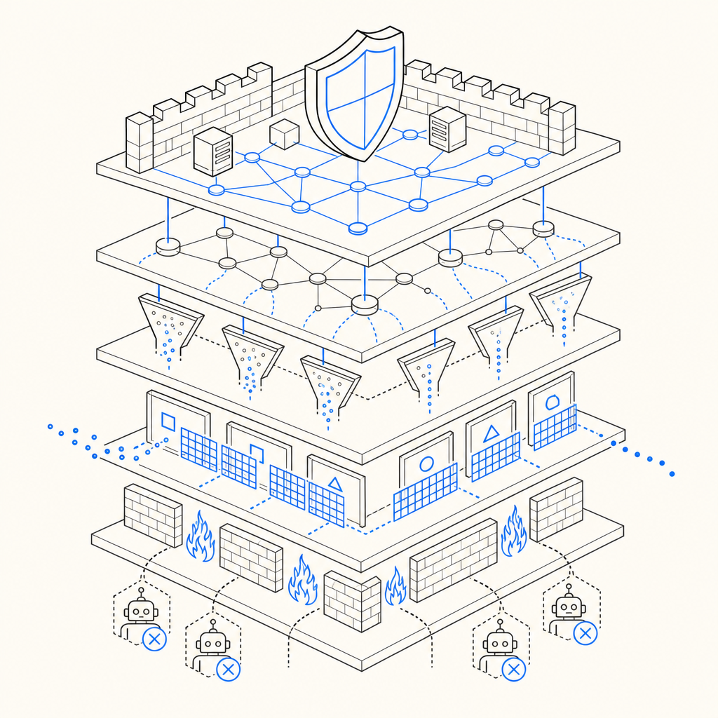 layered security concept showing multiple anti bot defenses