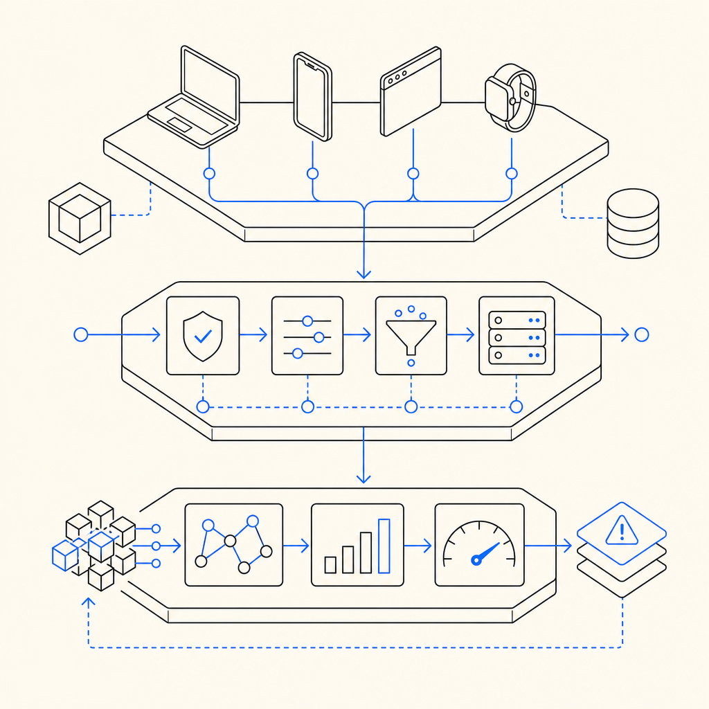 layered flow diagram of client signals, server validation, and risk scoring