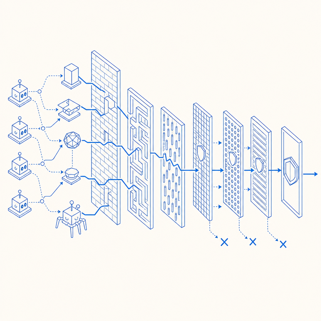 schematic of evolving bot strategies versus multi-layered defenses