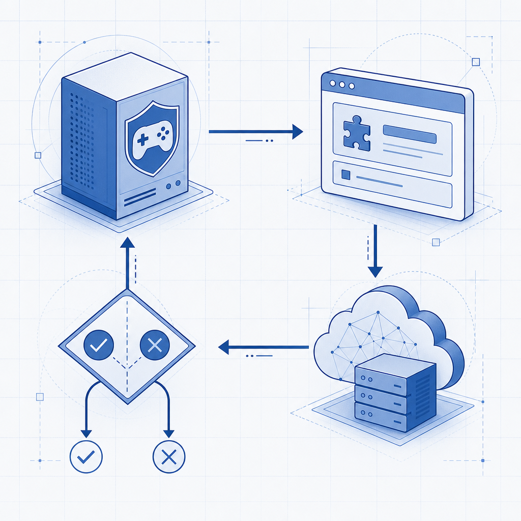 abstract architecture diagram showing game proxy, web challenge page, validation