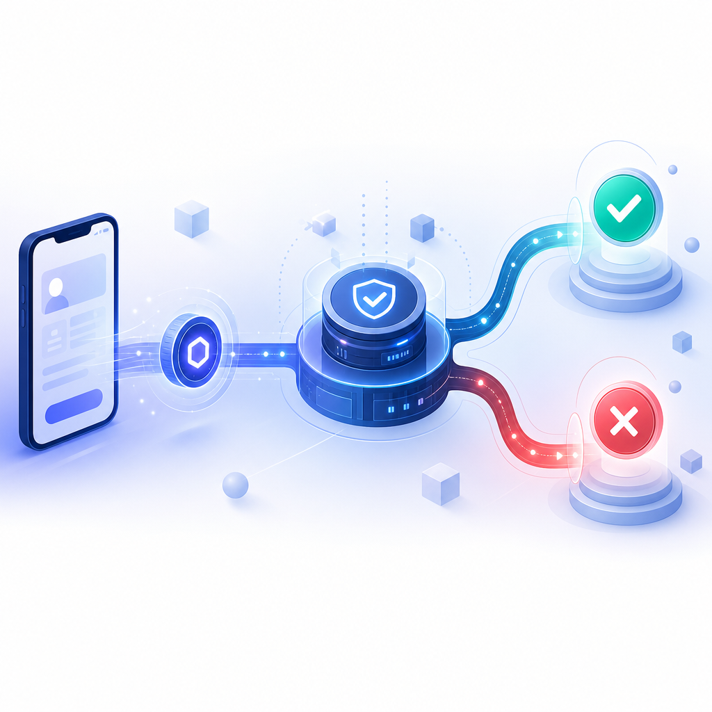 abstract flow of mobile app, token issuance, backend validation, and allow/deny 