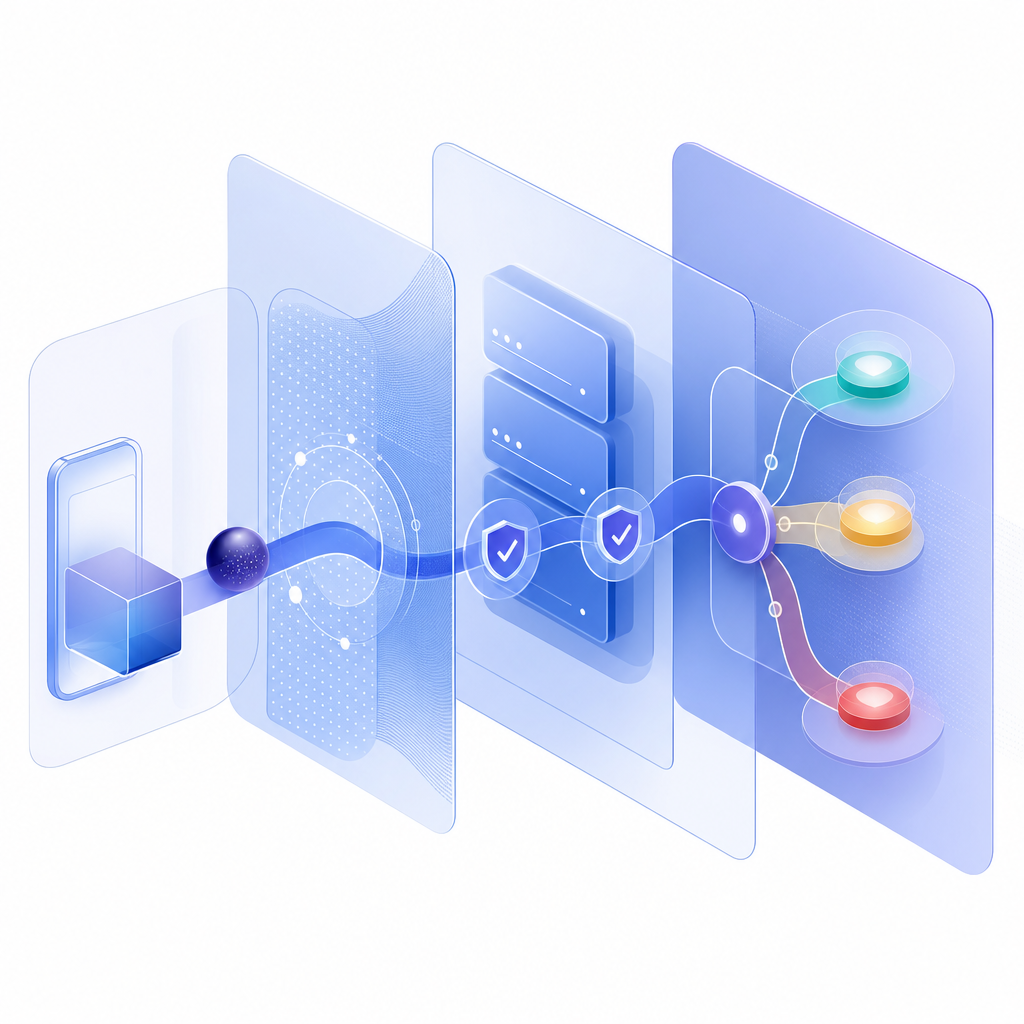 abstract layers showing client SDK, token, server validation, and risk decision 