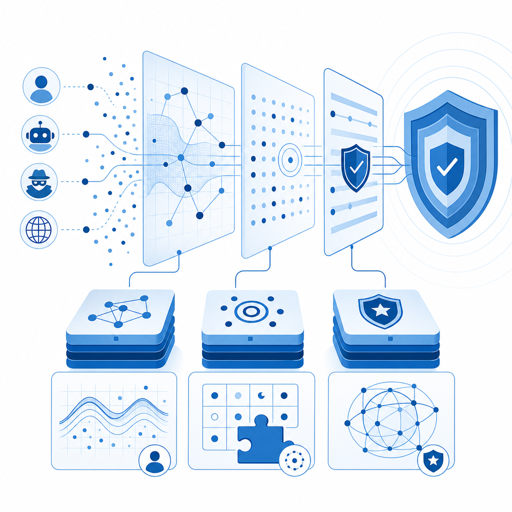 abstract layered cybersecurity protection concept with behavior analysis, CAPTCH
