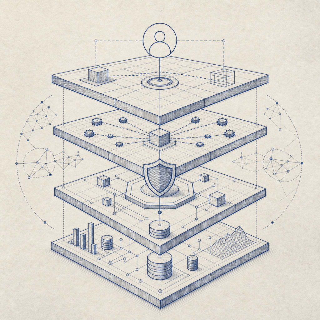 abstract layered defense stack showing client, challenge, validation, and teleme