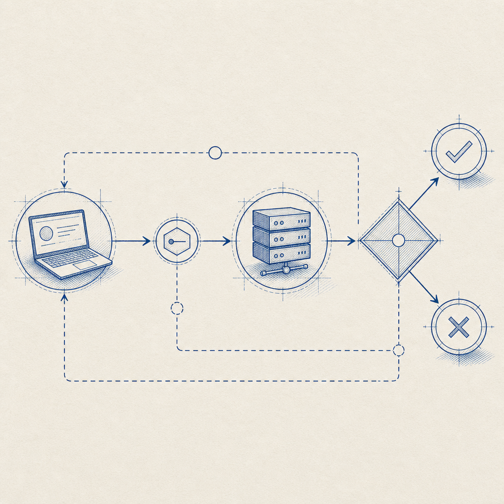 abstract flow diagram of client token issuance, server validation, and decision 