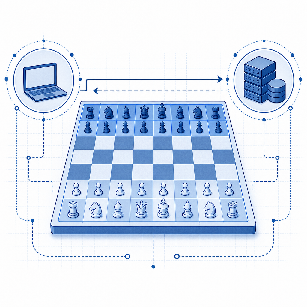 abstract chessboard with highlighted opening squares and signal arrows between c