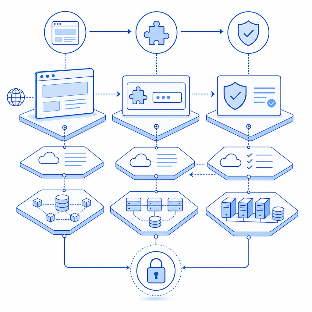 layered flow diagram from page load to challenge issuance to server validation