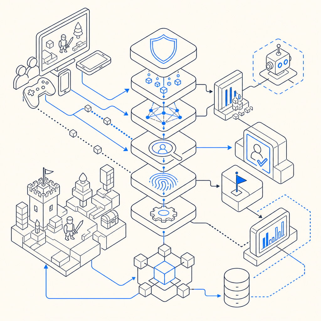 abstract flowchart of anti bot layers interacting in gaming environment