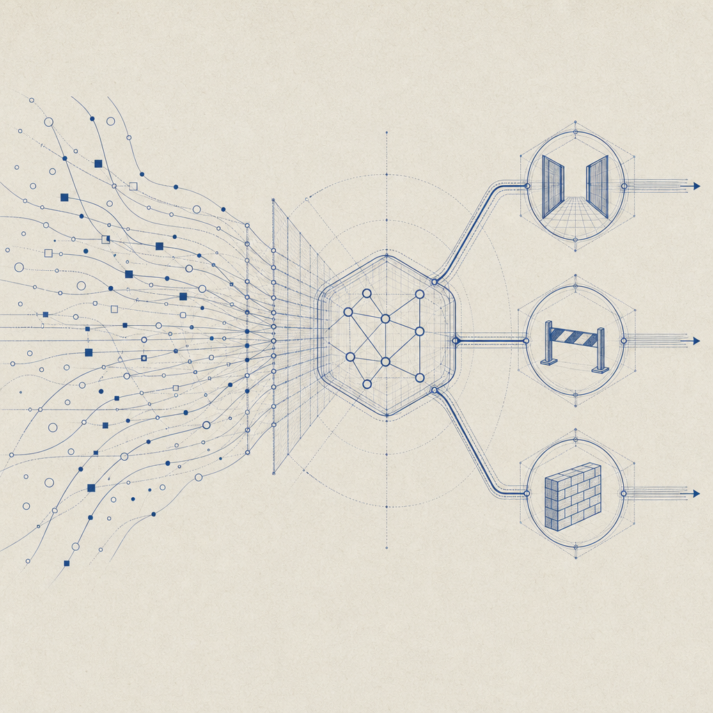 abstract flow of traffic signals feeding a decision layer with allow, challenge,