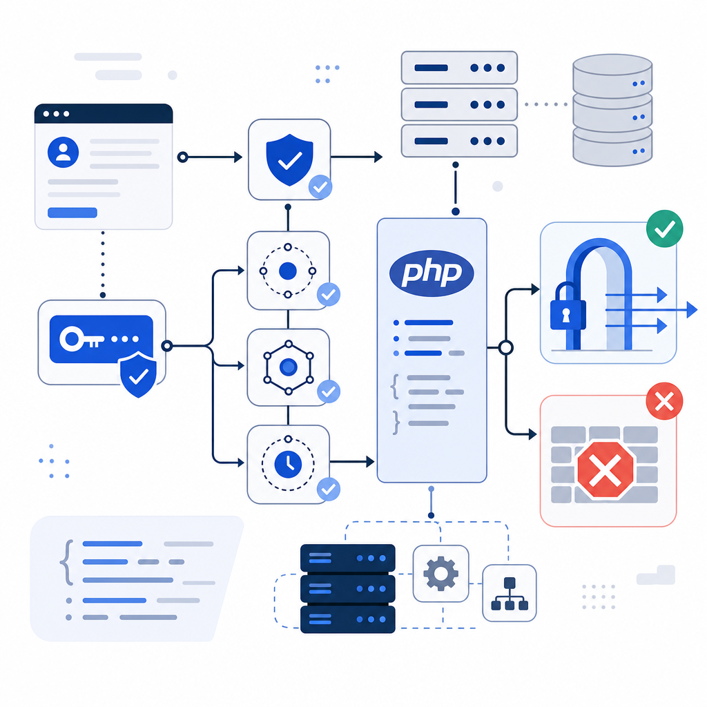 abstract flowchart depicting PHP backend verifying client tokens and allowing/bl
