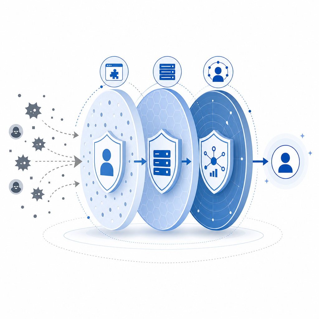 diagram showing layered protection: client challenge, server validation, behavio