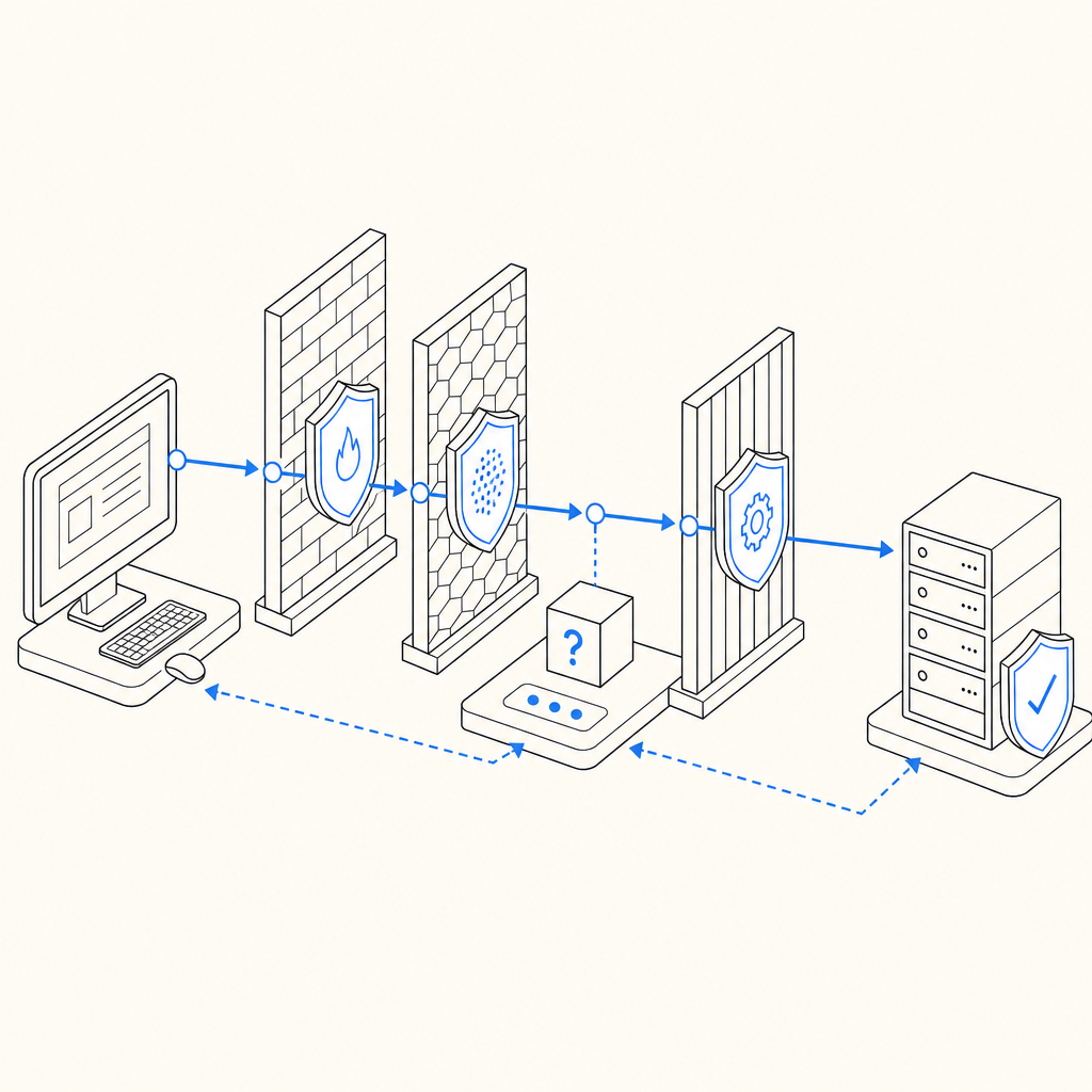 layered defense diagram with client signals, challenge step, and server validati