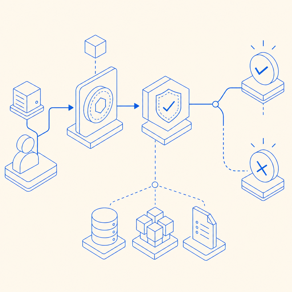 abstract flowchart showing token issuance, validation, allow/block branches