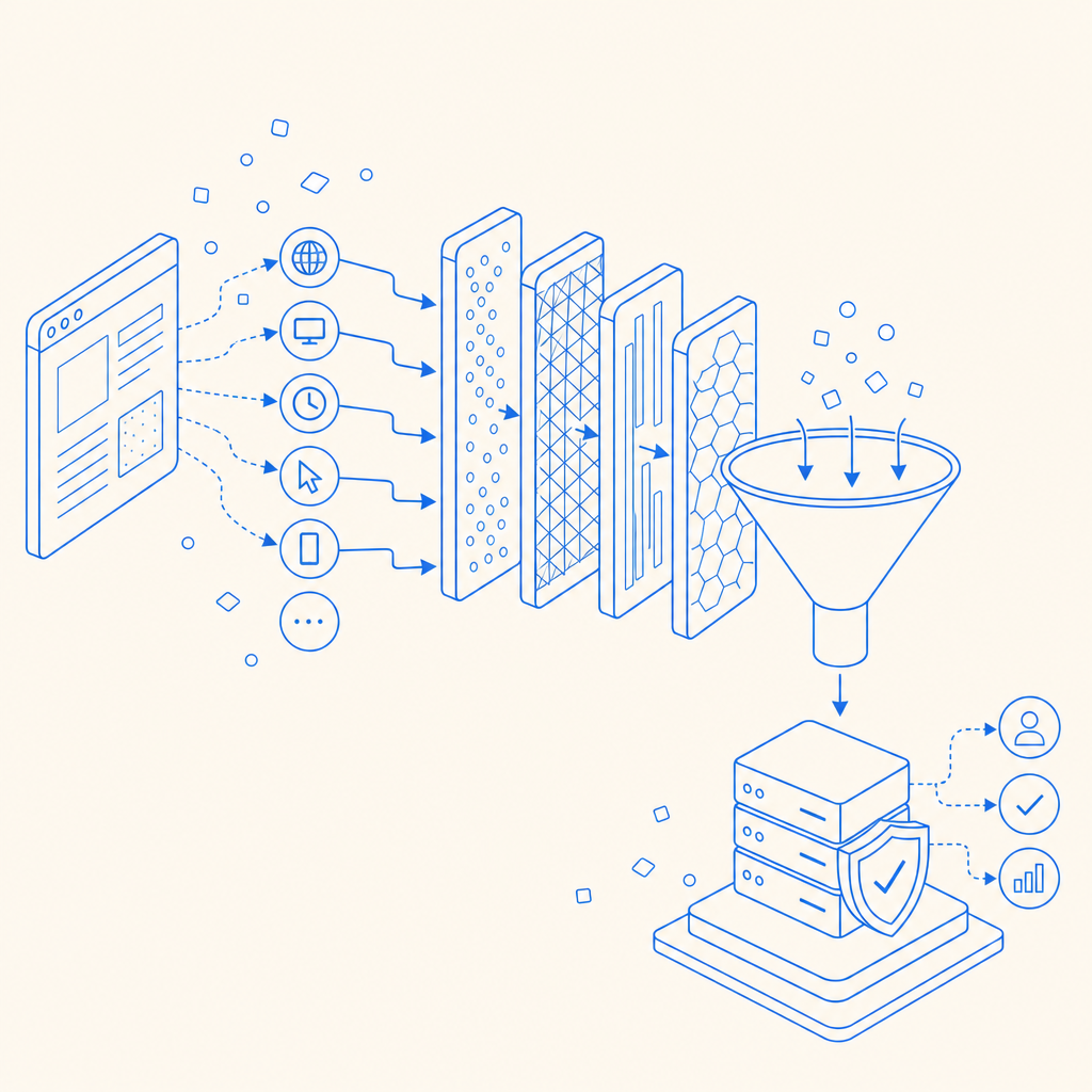 layered signal funnel from browser hints to server validation, abstract nodes an