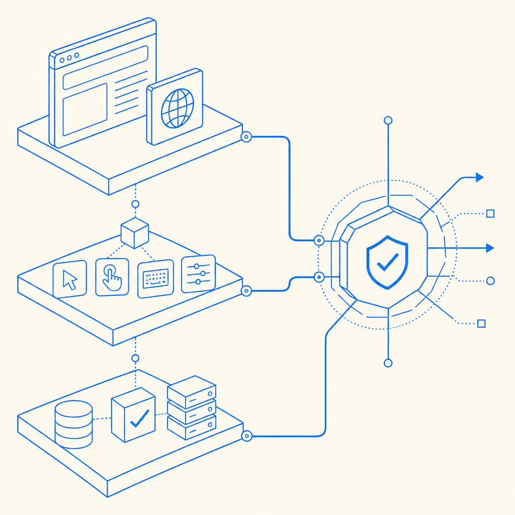 abstract risk engine diagram with browser, interaction, and backend validation f