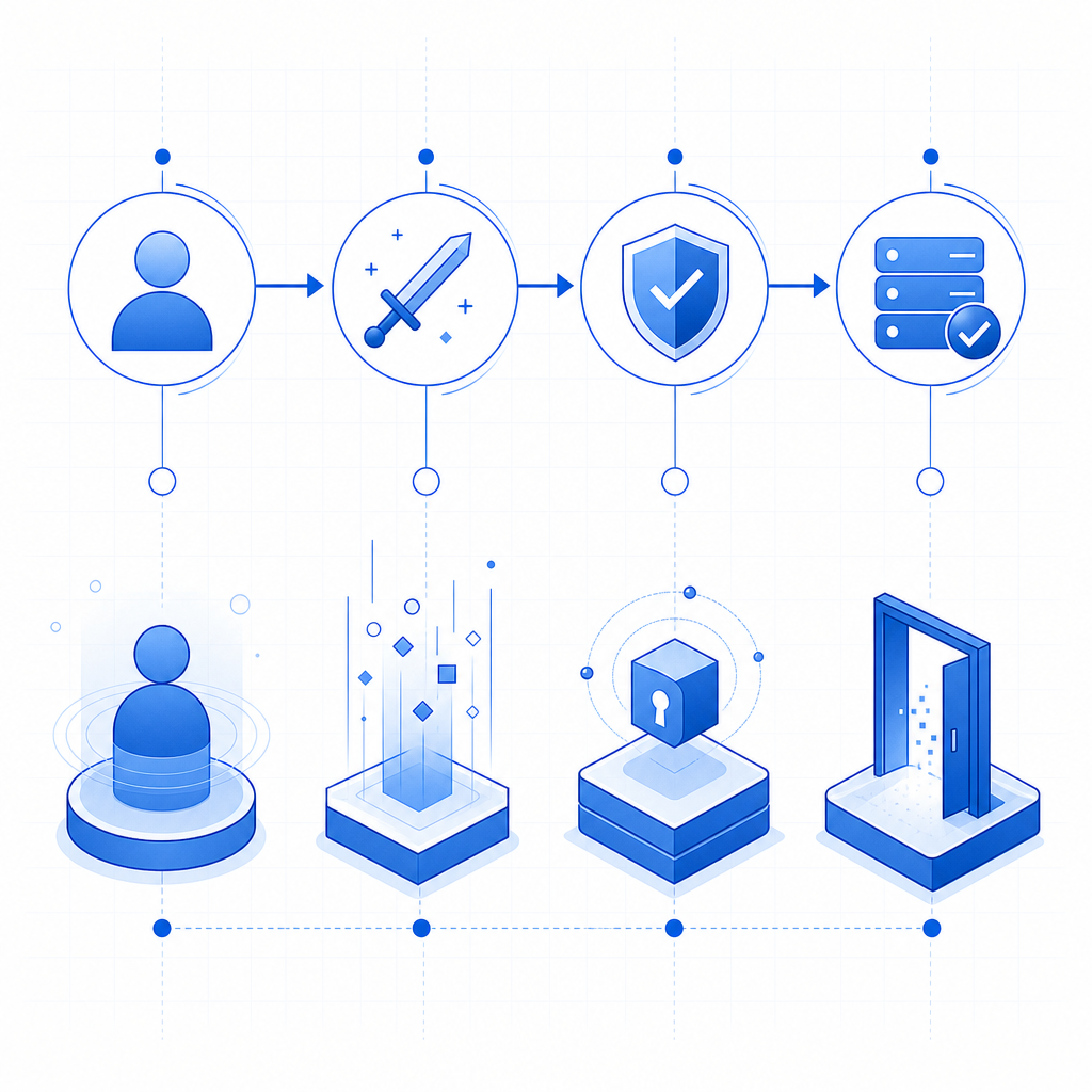 abstract flow of player join, challenge, token verification, and allowed server 