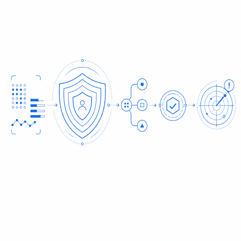 layered defense diagram with risk scoring, challenge issuance, token validation,