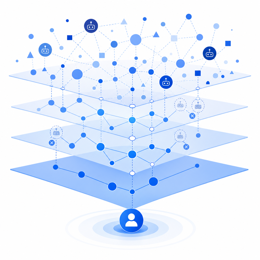 abstract network connections representing bot detection layers