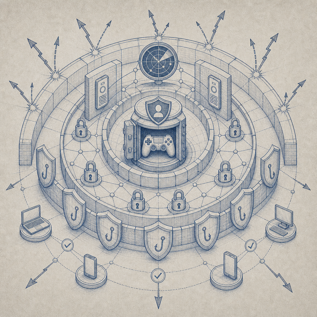 schematic showing layered online security defenses protecting gaming accounts