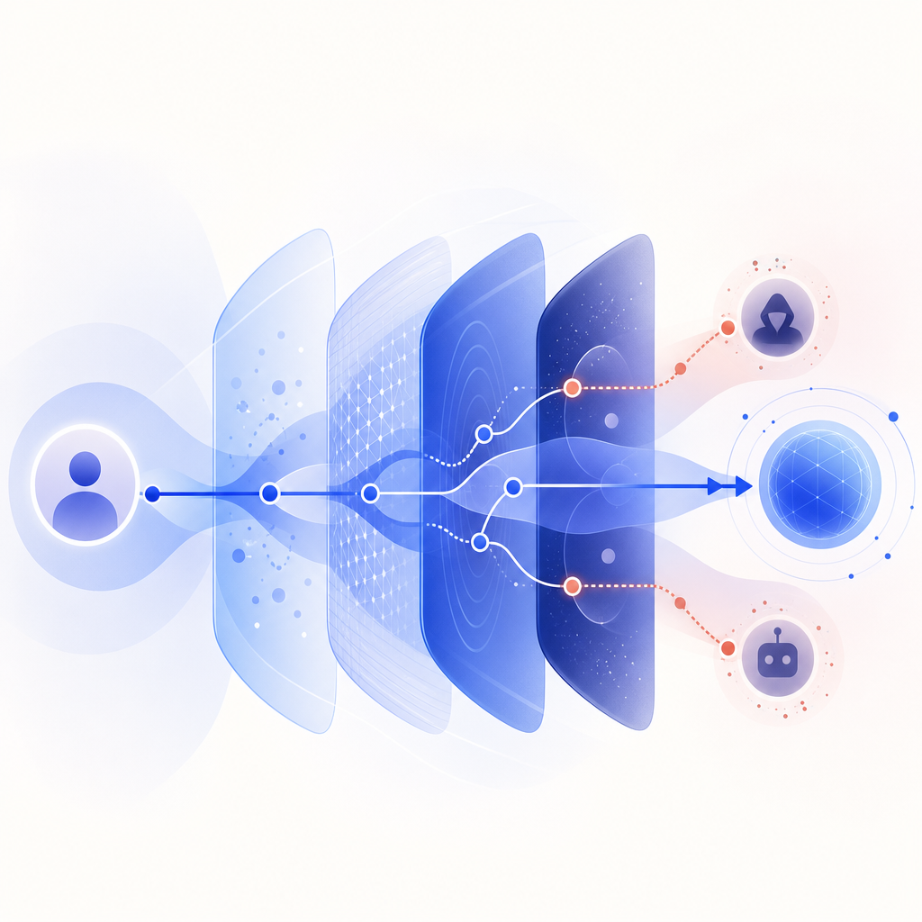 abstract diagram of user request flow with proxy detection layers