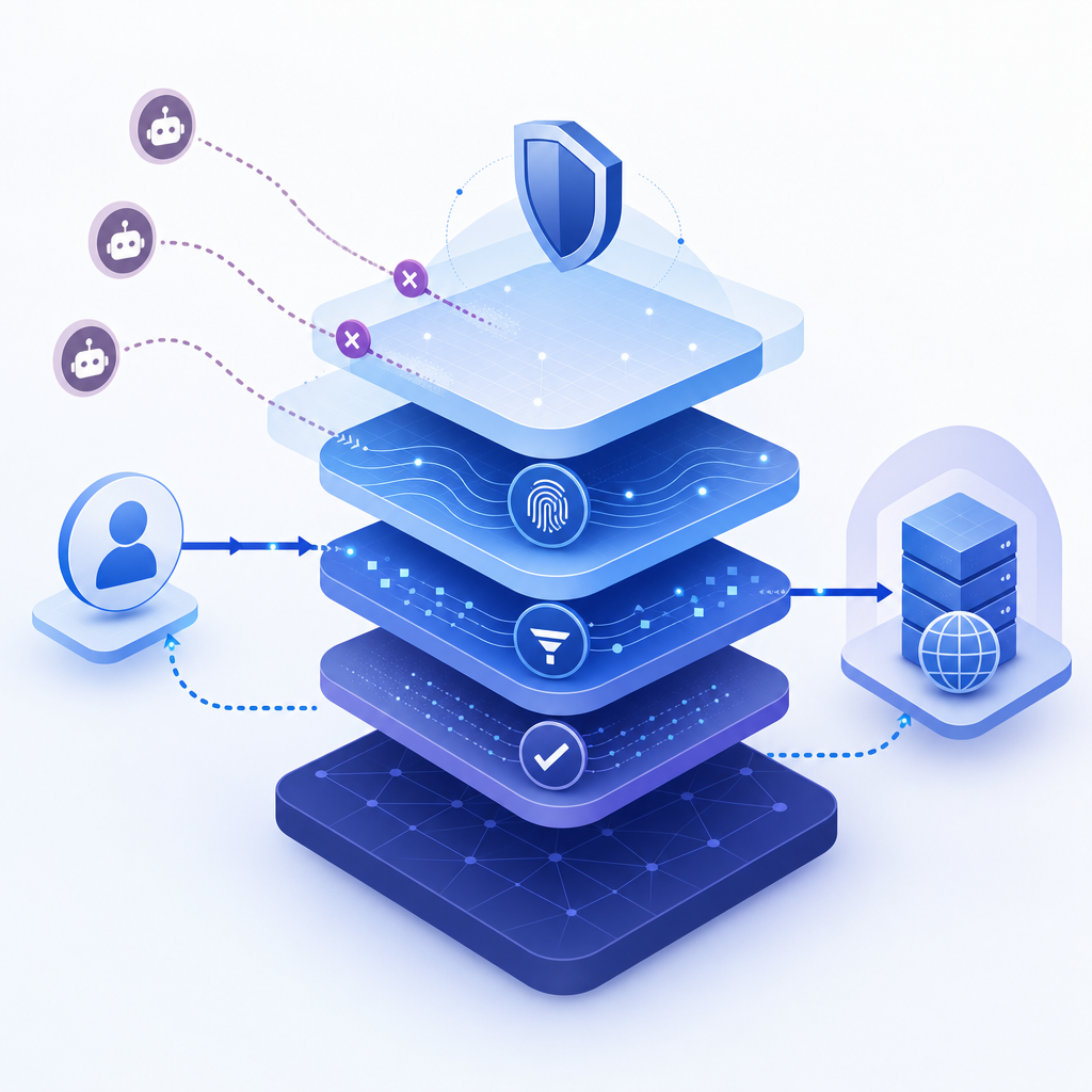 conceptual layers of anti bot proxy security stack with user and proxy traffic f