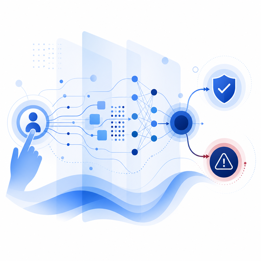 layered signal flow from user action to risk decision, abstract nodes and arrows