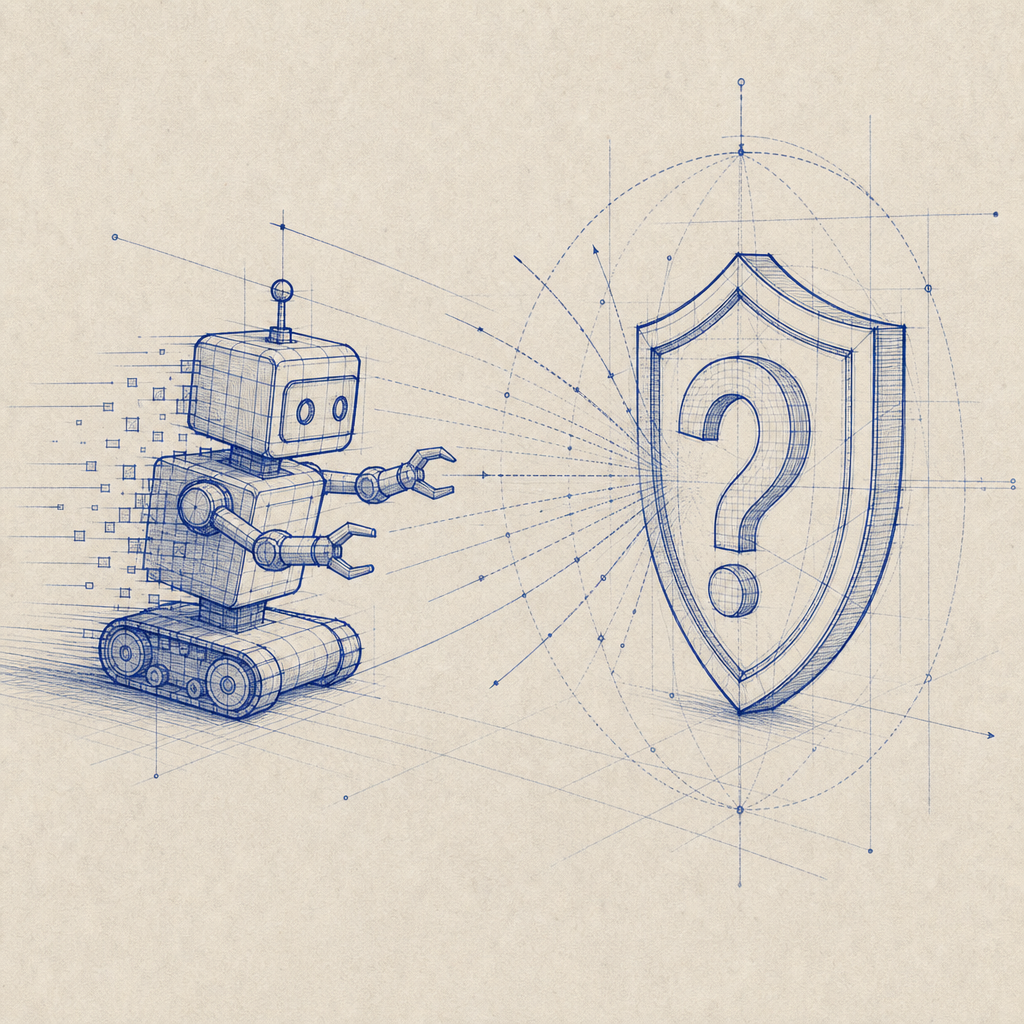 abstract diagram showing a bot being stopped by a question mark shield