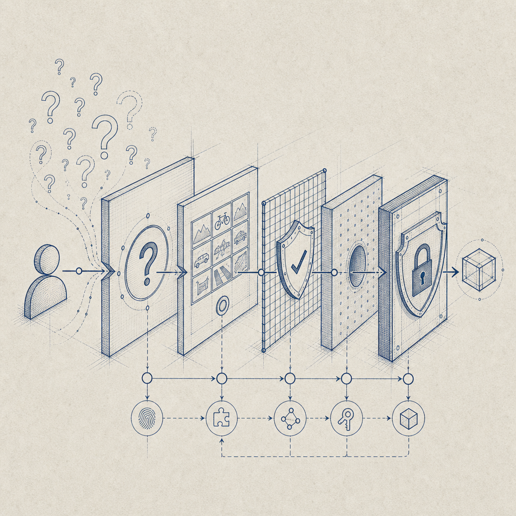 schematic showing layered security defenses including questions and CAPTCHAs