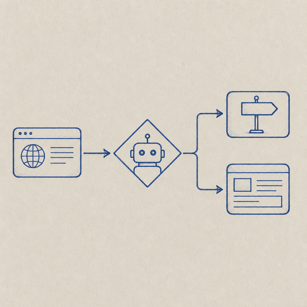 flow diagram showing request → detect bot? → redirect or serve content path