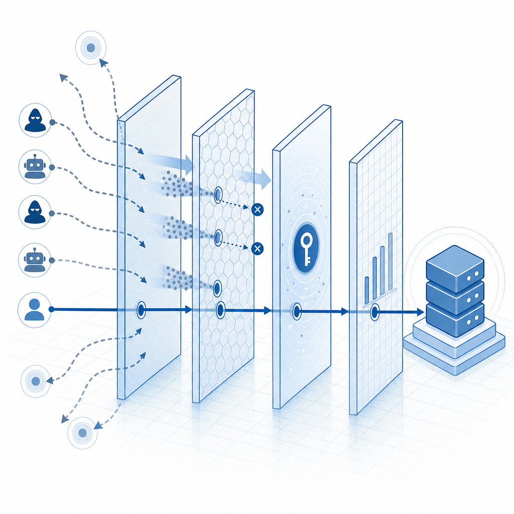 abstract layered defense diagram showing redirect, challenge, token validation, 