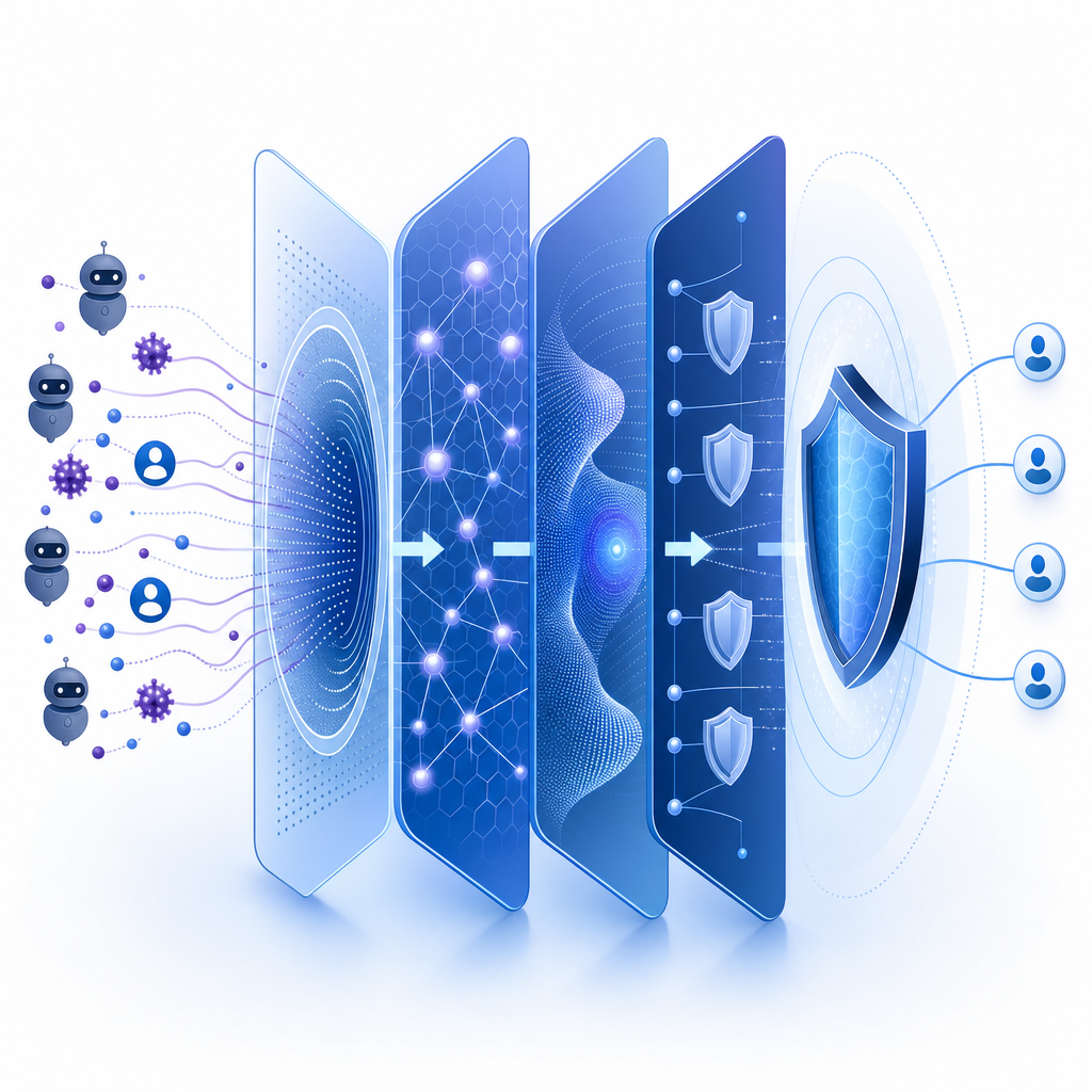 layered security diagram showing bot detection components