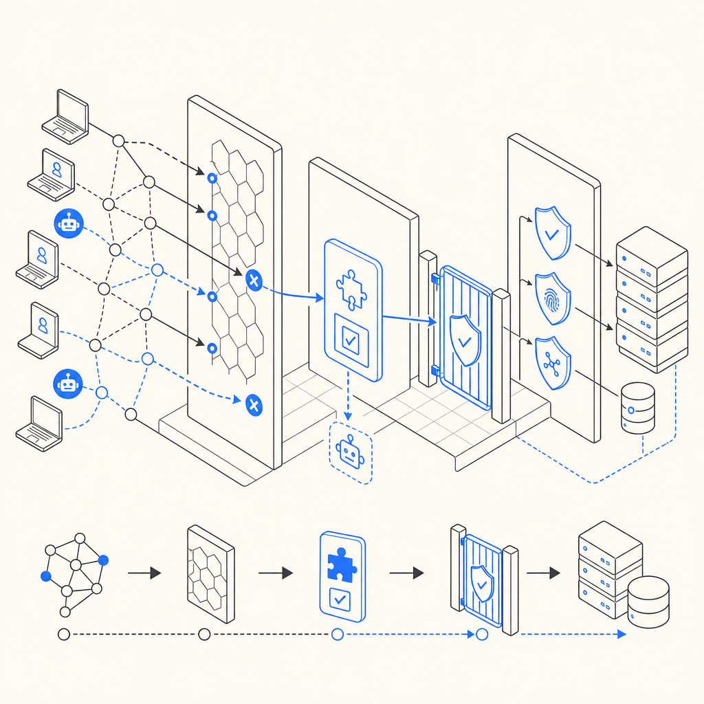 layered bot-defense flow showing traffic signals, challenge step, and server val