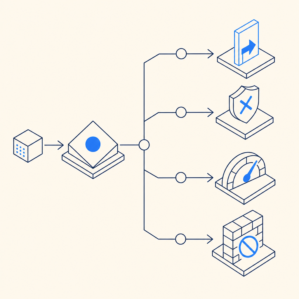 abstract decision tree showing allow, challenge, throttle, and block branches