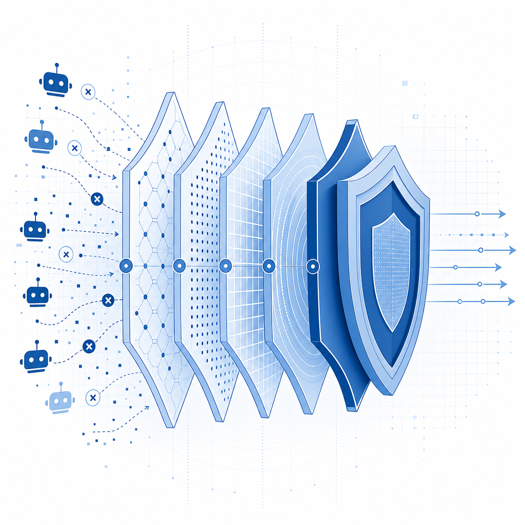 abstract layered shields representing multi-layer bot defense