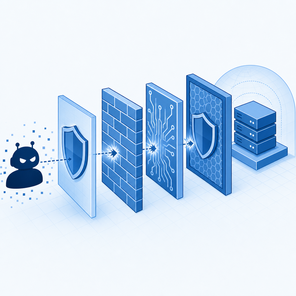layered security defenses blocking a bot silhouette