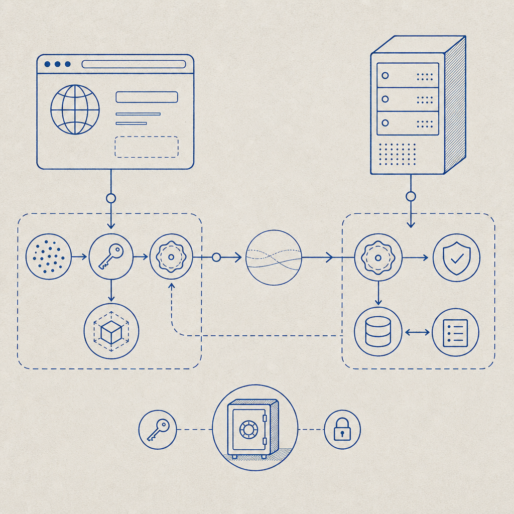abstract flow diagram of browser token generation and server validation, no text