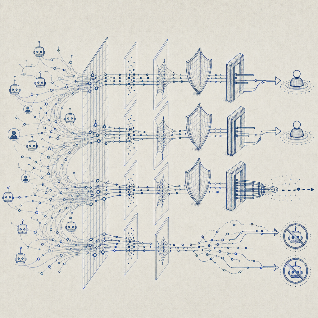 abstract network flow showing multi-layer bot defense process