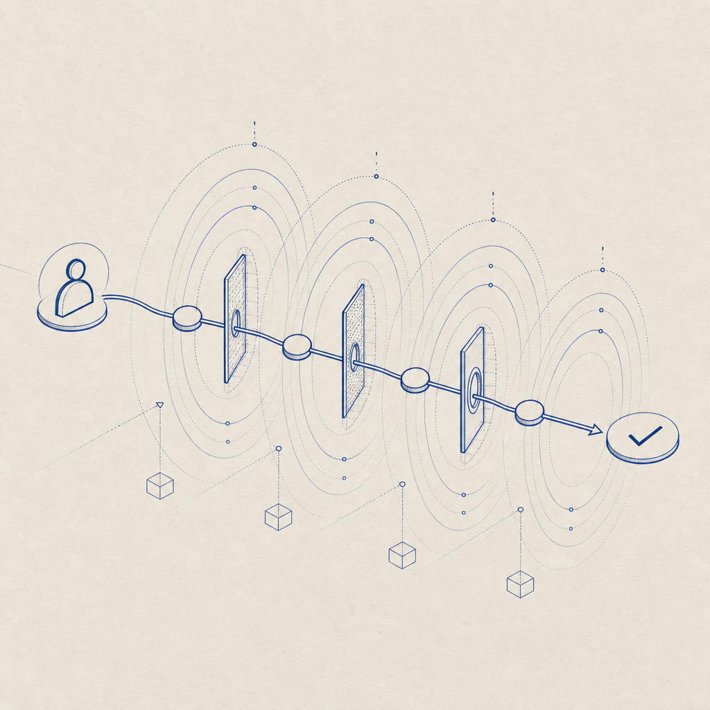 conceptual depiction of user flow with minimal friction and layered bot checks