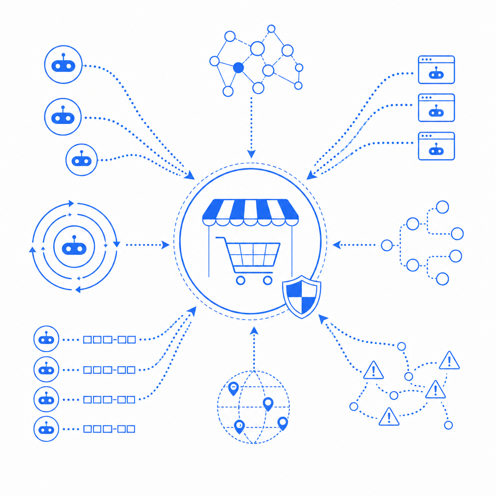 abstract visualization of bot attack vectors on an e-commerce platform