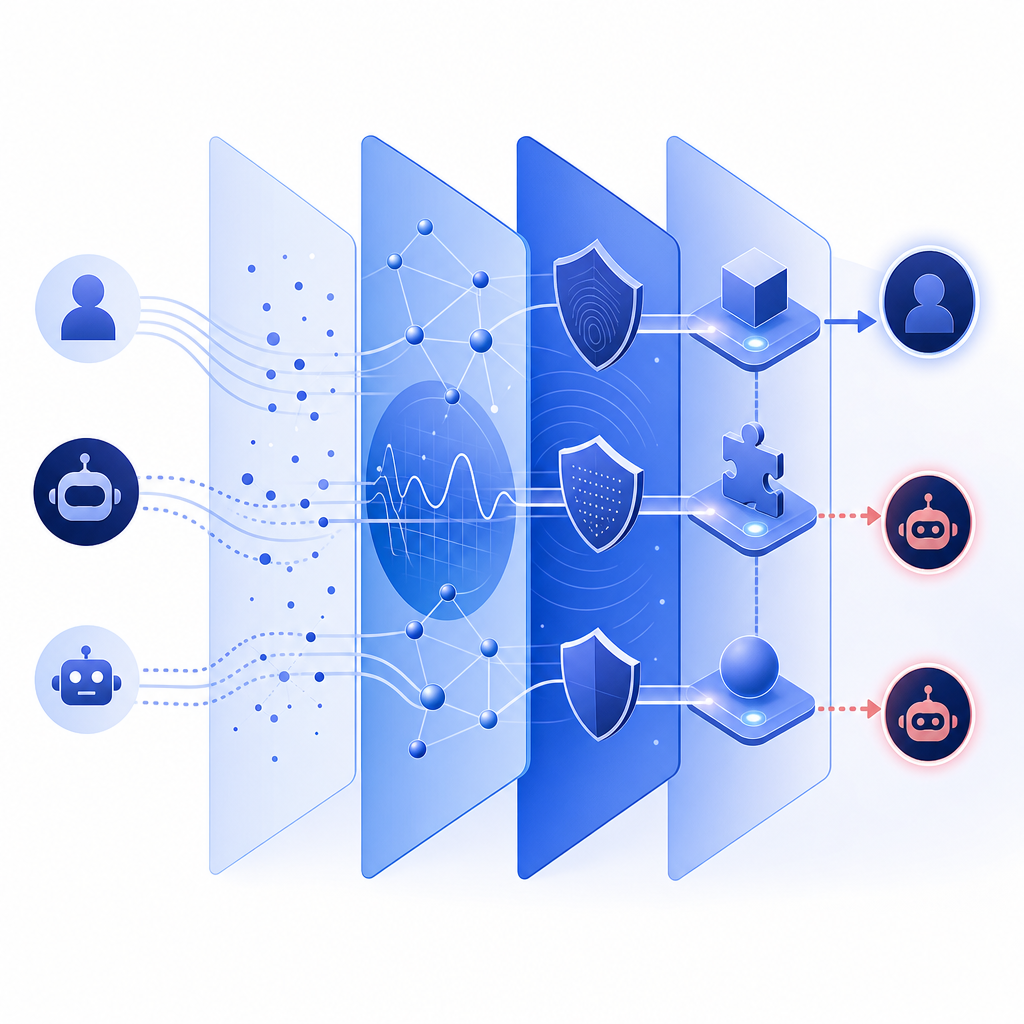 diagram illustrating bot detection layers combining behavioral analytics and cha