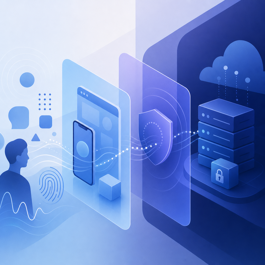 abstract layered security concept representing behavioral signals, client SDKs, 