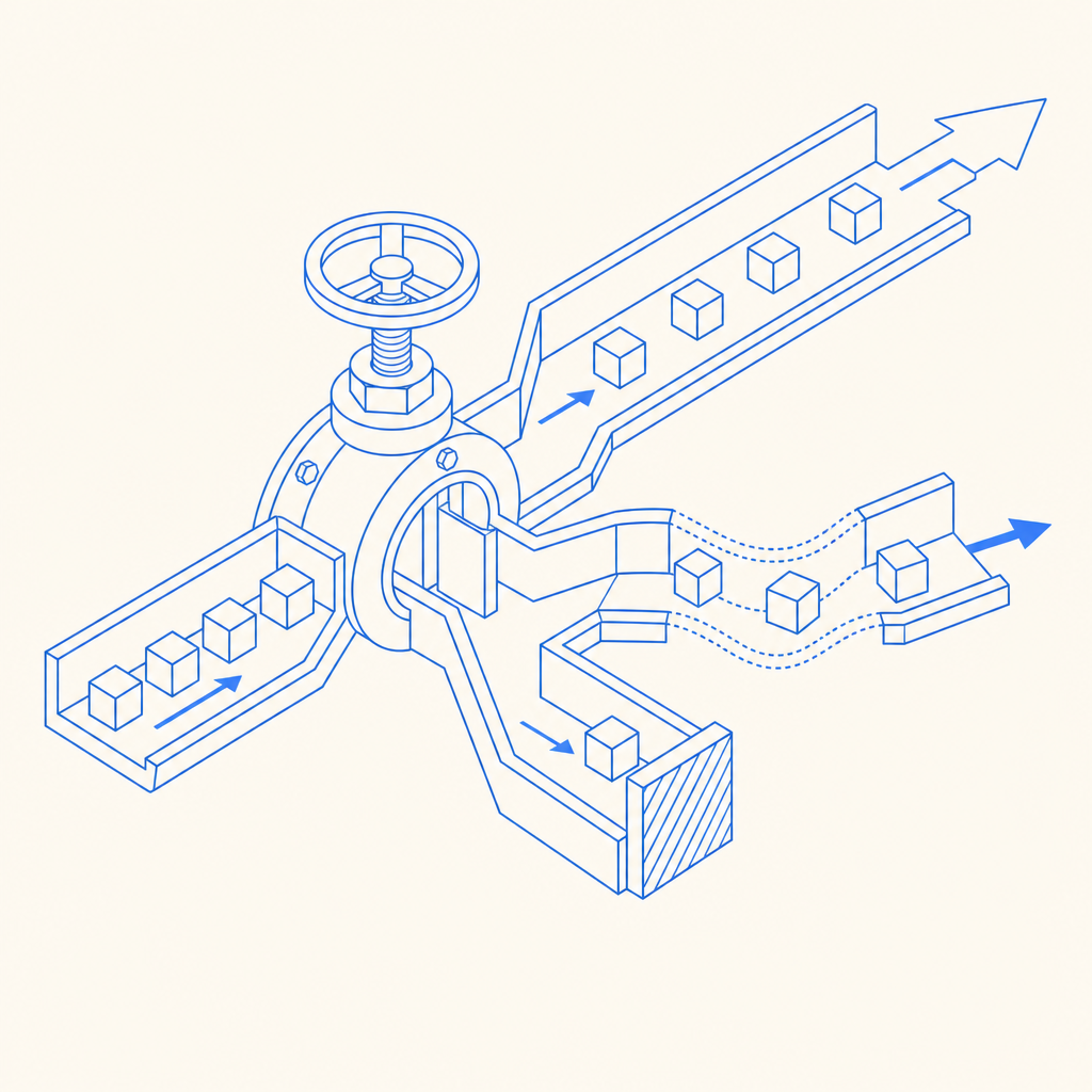 abstract flow diagram of traffic moving through a regulated valve with allowed, 
