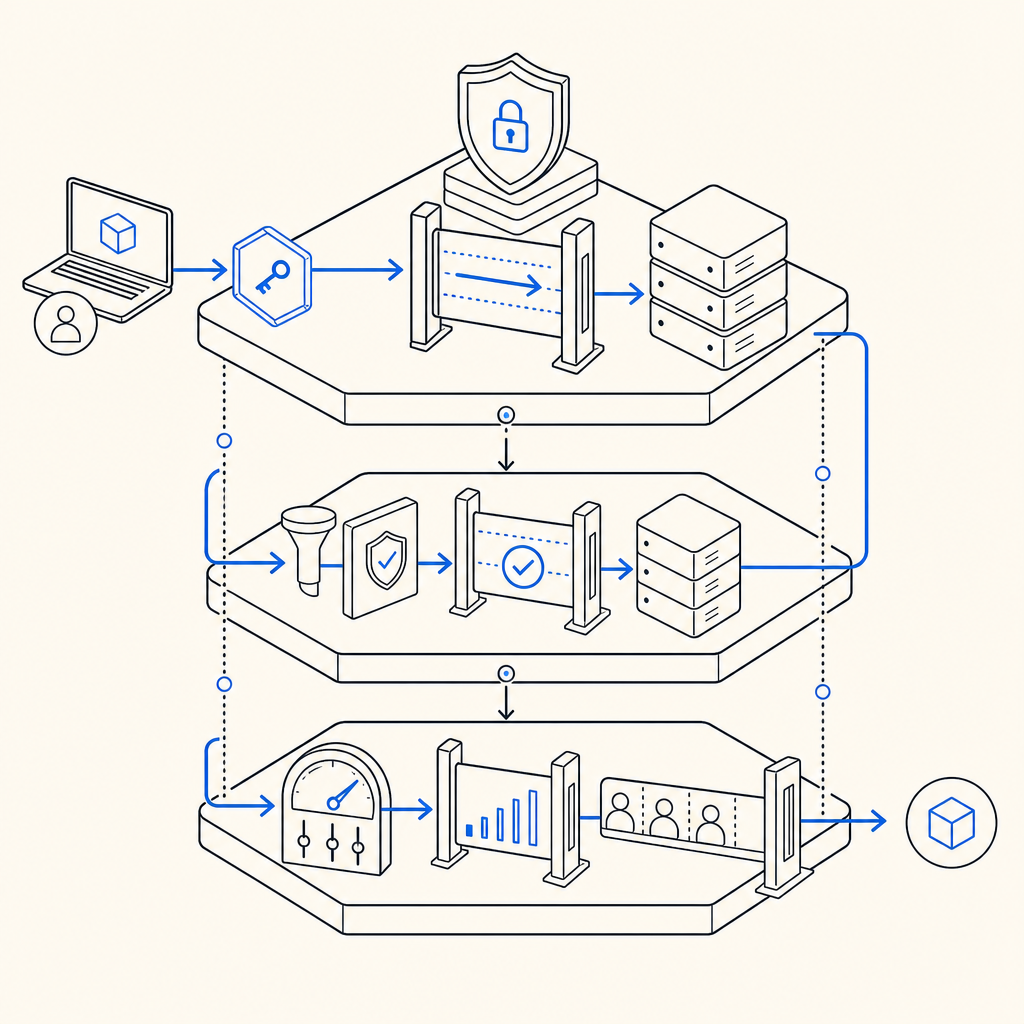 abstract layered defense diagram showing client token, server validation, and ad