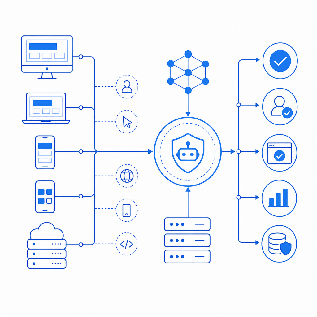 schematic showing integration flow of a multi-platform anti bot test system